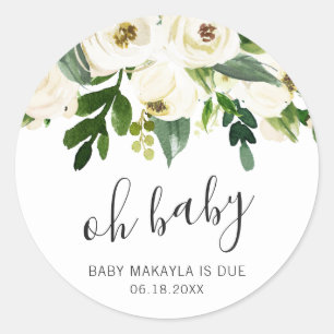 Oh Baby Elegant White Floral Girl Baby Shower Classic Round Sticker