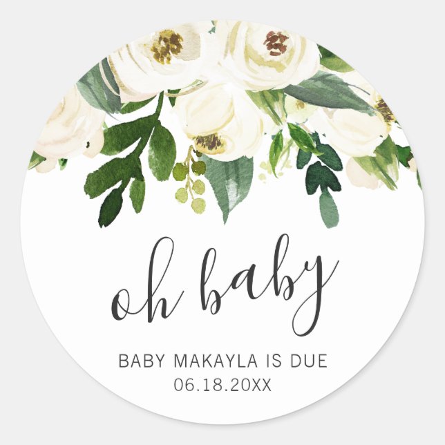 Oh Baby Elegant White Floral Girl Baby Shower Classic Round Sticker (Front)