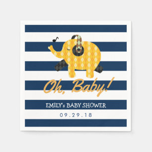Oh Baby Elephant Navy Blue Stripes Baby Shower Napkin
