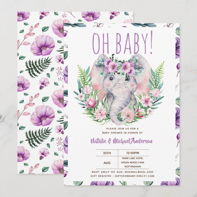 Oh Baby Elephant with Purple Flowers Modern Shower Invitation (Front/Back)