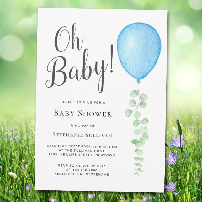 Oh Baby Eucalyptus Blue Balloon Baby Shower  Invitation (Creator Uploaded)