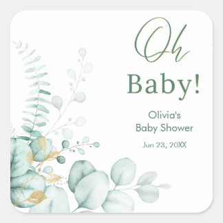 Oh Baby Eucalyptus Greenery Gold Baby Shower Square Sticker