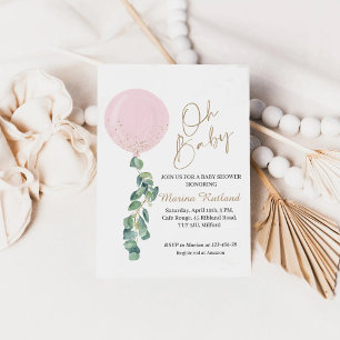 Oh Baby Eucalyptus Pink Balloon Baby Shower Invitation