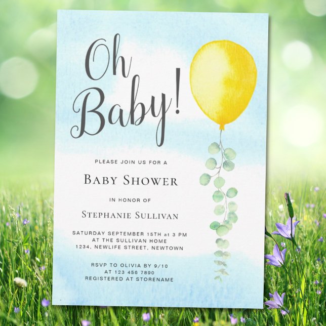 Oh Baby Eucalyptus Yellow Balloon Baby Shower Invitation (Creator Uploaded)