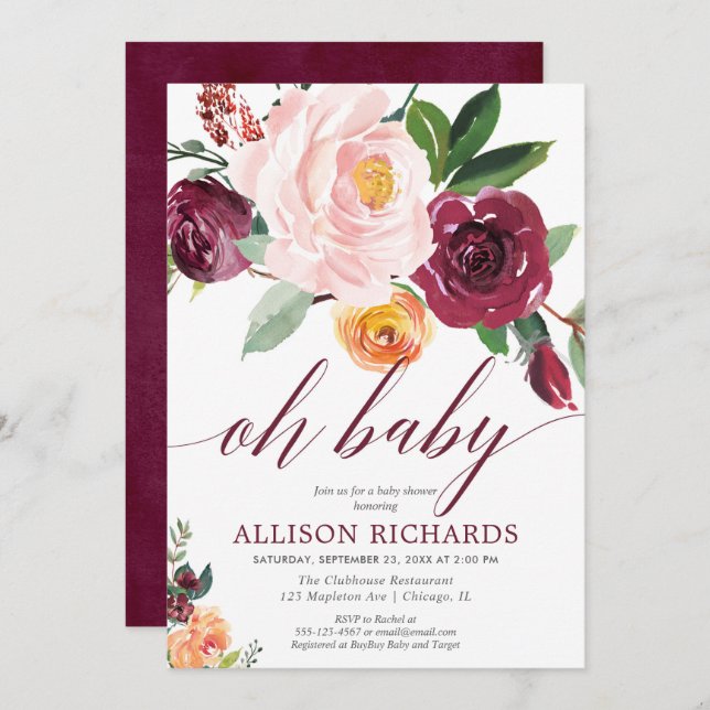 Oh baby fall rustic floral girl baby shower invitation (Front/Back)