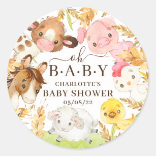  Oh Baby Farm Animals Baby Shower Favour  Classic Round Sticker