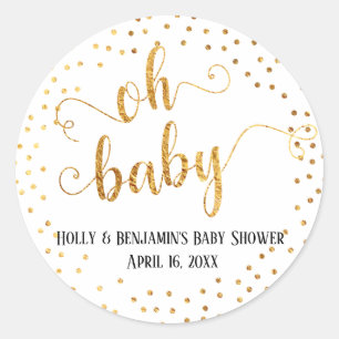 "Oh Baby" Faux Gold Foil Confetti w/ Names & Date Classic Round Sticker