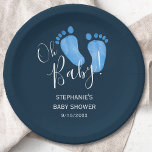 Oh Baby Feet Navy Blue Baby Shower Paper Plate<br><div class="desc">These simple and stylish baby shower paper plates are decorated with cute hand-painted watercolor baby's feet in pastel blue on a dark navy blue background. They say Oh Baby in stylish script typography. Easily customisable. Because we create our artwork you won't find this exact image from other designers. Original Watercolor...</div>