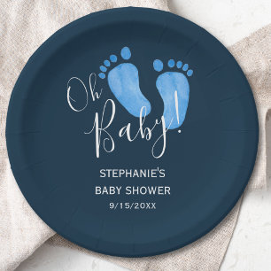 Oh Baby Feet Navy Blue Baby Shower Paper Plate