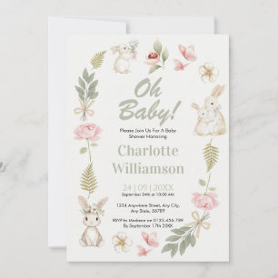 Oh Baby Floral Bunny Sage & Pink Baby Shower Invit Invitation