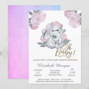 Oh Baby Floral Elephant Baby Shower Invitation