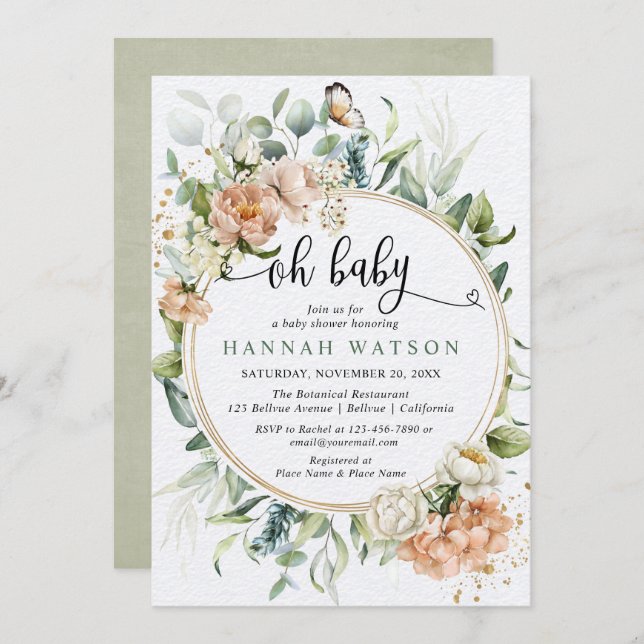 Oh baby floral foliage pink gold girl baby shower  invitation (Front/Back)