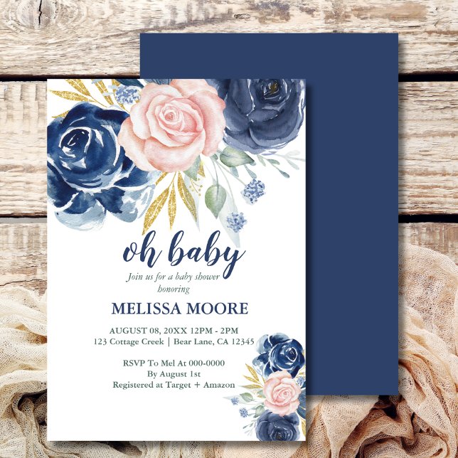 Oh Baby floral navy blue and pink girl baby shower Invitation (Creator Uploaded)