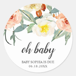 Oh Baby Floral Peach Girl Baby Shower Favour Classic Round Sticker