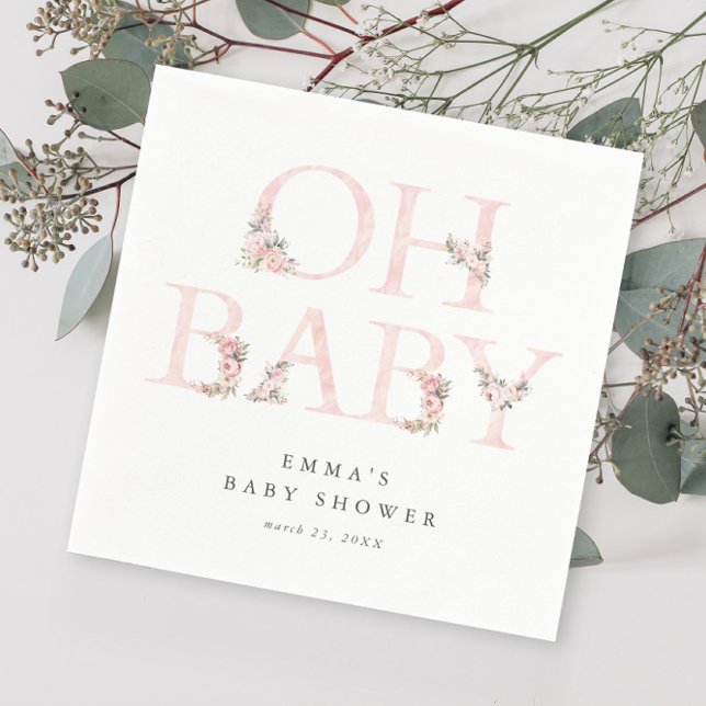 Oh Baby Floral Typography Pink Baby Shower Napkin (Elegant Pink Floral Typography Oh Baby Shower Napkins.)