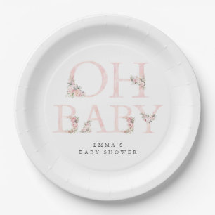 Oh Baby Floral Typography Pink Baby Shower Paper Plate