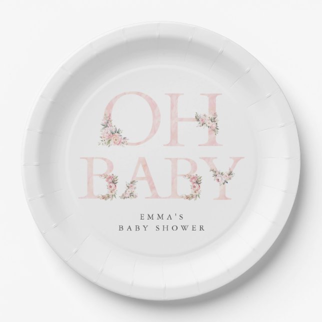 Oh Baby Floral Typography Pink Baby Shower Paper Plate (Front)