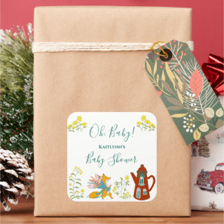 Oh, baby Fox and flowers Baby Shower gift Square Sticker