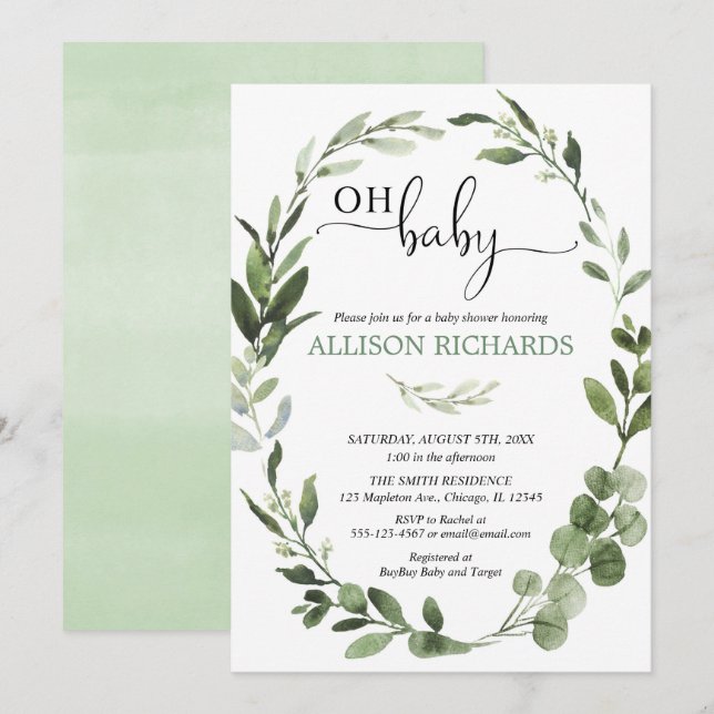 Oh baby Gender neutral eucalyptus foliage shower Invitation (Front/Back)