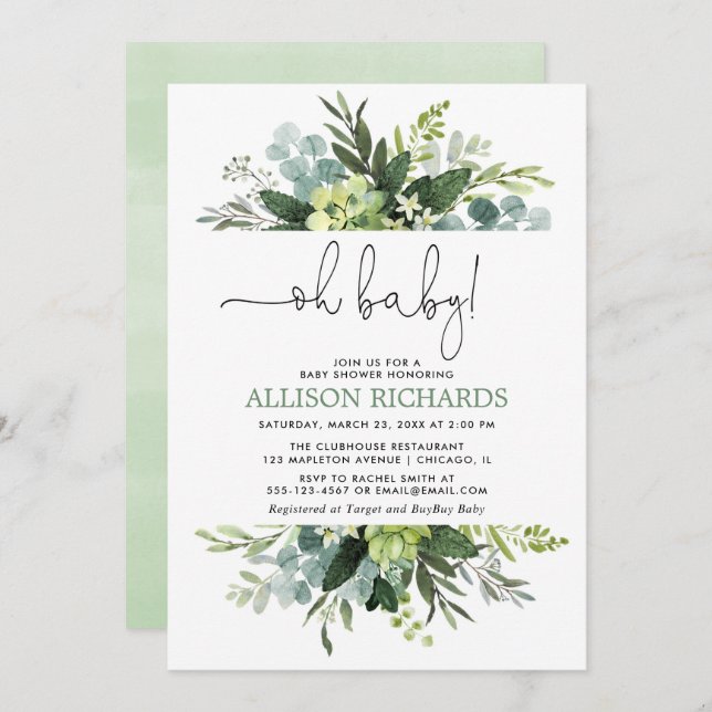 Oh baby Gender neutral greenery foliage shower Invitation (Front/Back)
