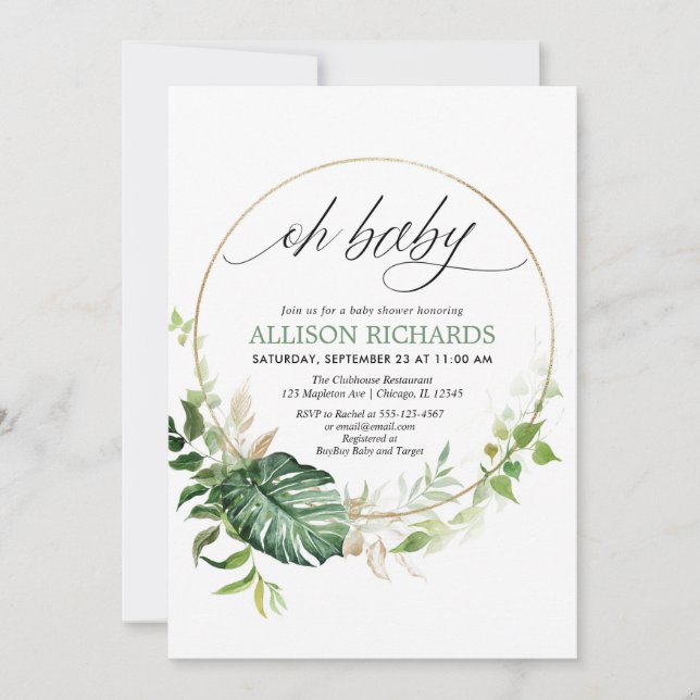Oh baby gender neutral tropical greenery gold baby invitation (Front)