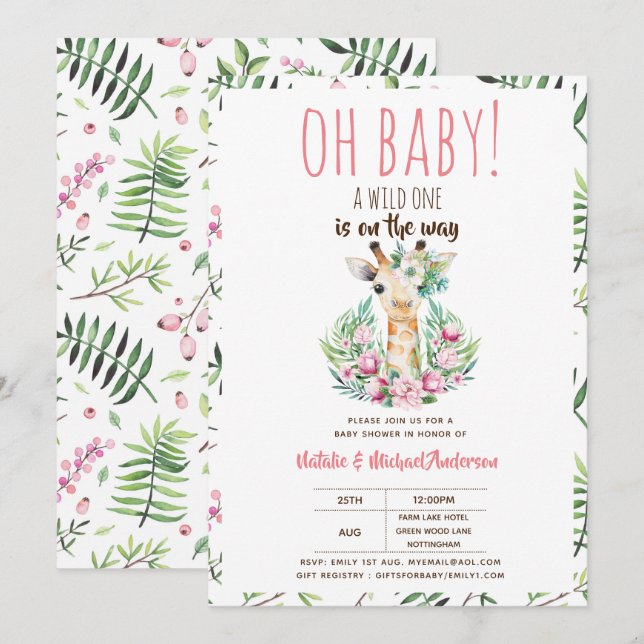 Oh Baby Giraffe A Wild One Safari Animal Floral Invitation (Front/Back)