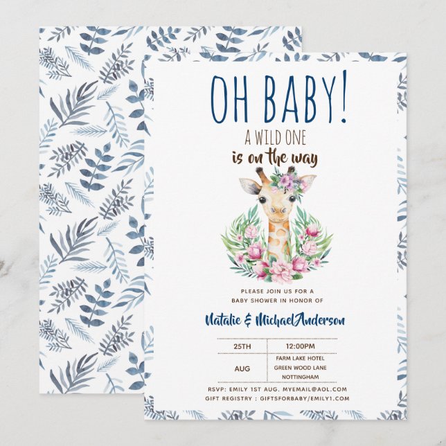Oh Baby Giraffe A Wild One Safari Animal Floral Invitation (Front/Back)