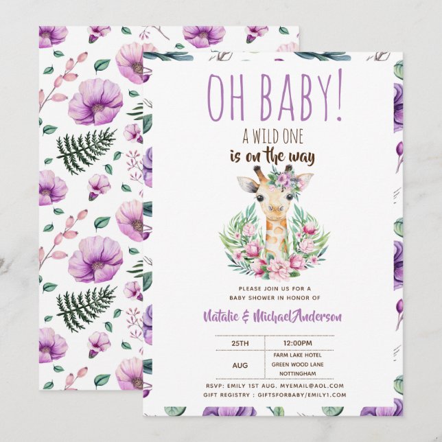 Oh Baby Giraffe A Wild One Safari Animal Floral Invitation (Front/Back)