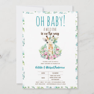 Oh Baby Giraffe A Wild One Safari Animal Floral Invitation