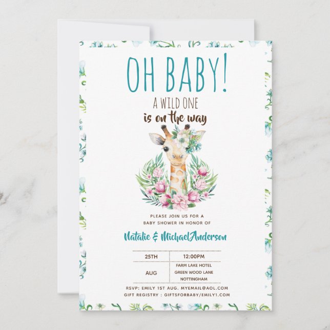 Oh Baby Giraffe A Wild One Safari Animal Floral Invitation (Front)
