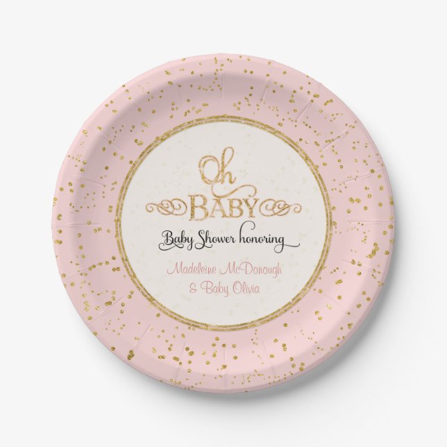 OH BABY Girl Baby Shower Gold Confetti Typography Paper Plate (Front)