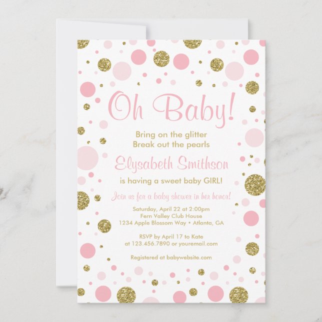 Oh Baby Girl, Baby Shower Invitation, Faux Glitter Invitation (Front)