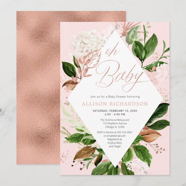 Oh baby girl baby shower rose gold green leaves invitation (Front/Back)