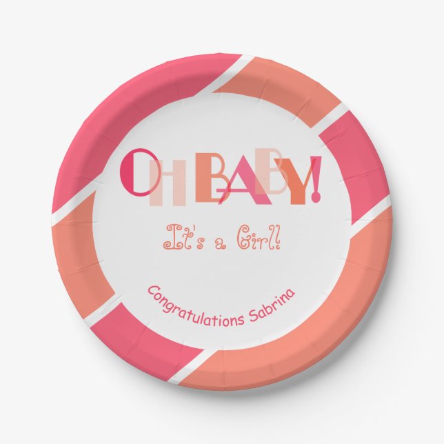 Oh Baby Girl Coral Modern Baby Shower Paper Plate (Front)