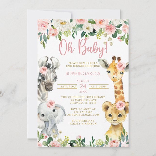 Oh Baby Girl Jungle Safari Animals Baby Shower Invitation (Front)
