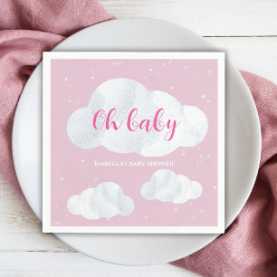 Oh Baby Girl Pink Clouds Sky Stars Baby Shower Napkin