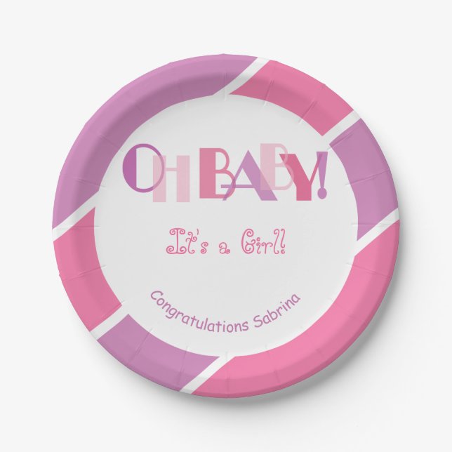 Oh Baby Girl Pink Modern Baby Shower Paper Plate (Front)