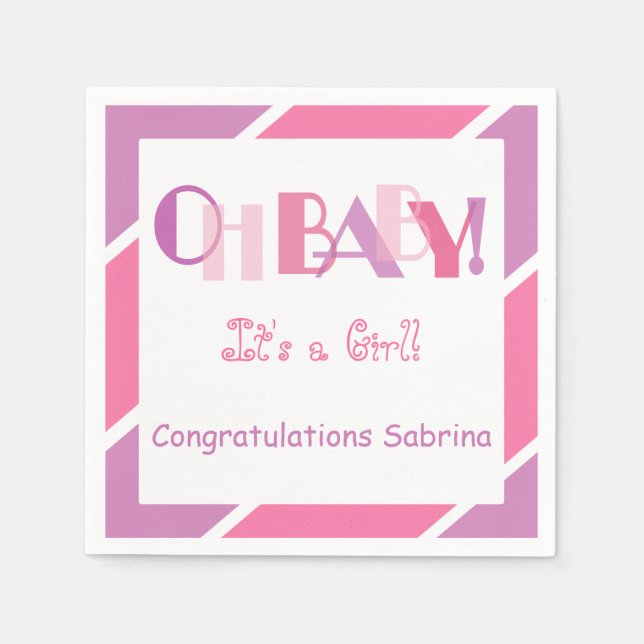 Oh Baby Girl Pink Modern Baby Shower Party Napkins (Front)