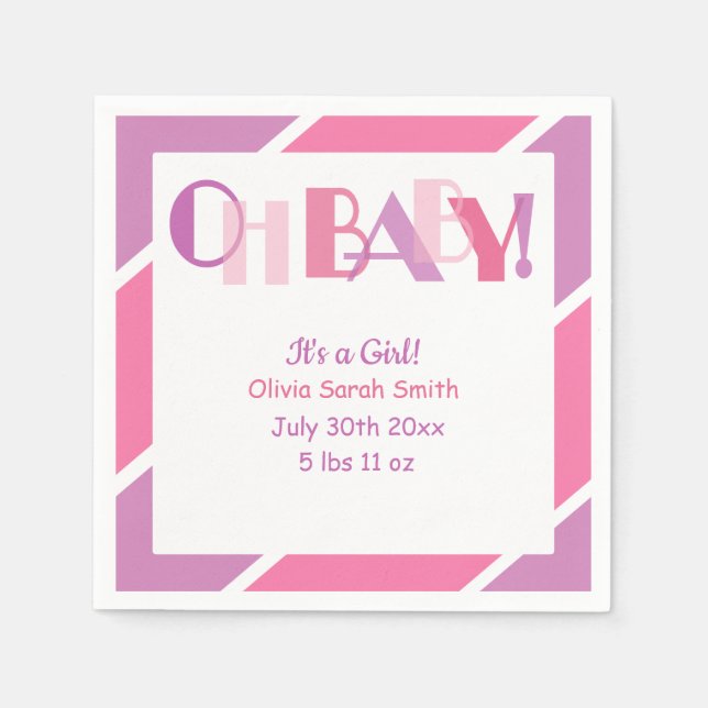 Oh Baby Girl Pink Typography Modern Baby Shower Napkin (Front)