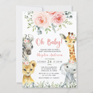 Oh Baby Girl Safari Animals Baby Shower Invitation