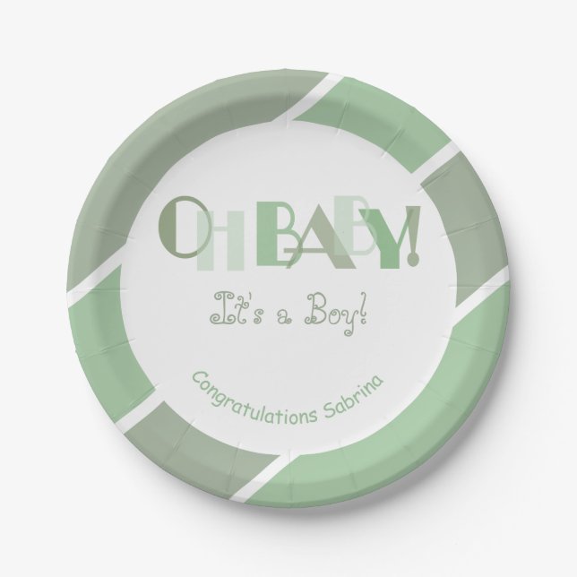 Oh Baby Girl Sage Green Modern Baby Shower Paper Plate (Front)