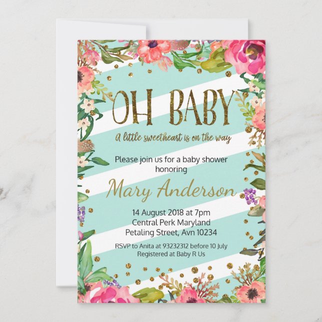 Oh Baby, gold and mint baby shower invitation (Front)