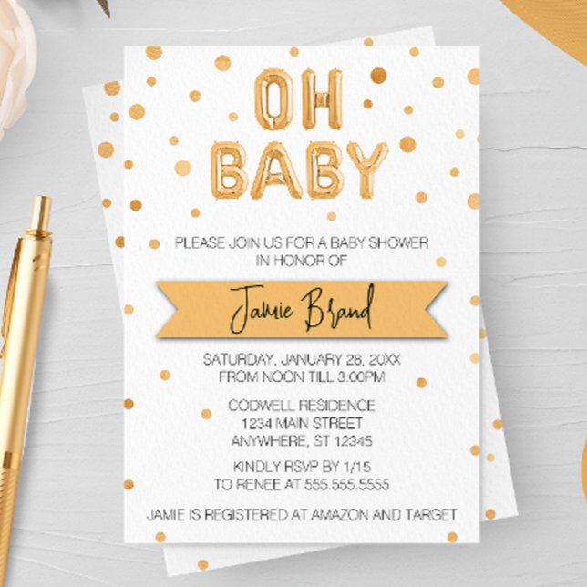 Oh Baby Gold Foil Balloon Baby Shower Invitation (Creator Uploaded)