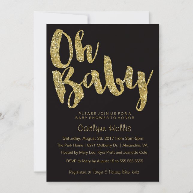 Oh Baby Gold Glitter and foil on black Baby Shower Invitation (Front)