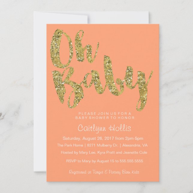 Oh Baby Gold Glitter and foil on peach Baby Shower Invitation (Front)