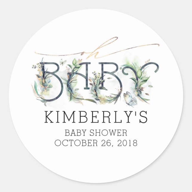 Oh Baby Gold Greenery Baby Shower Classic Round Sticker (Front)