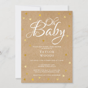 Oh Baby Gold Hearts Baby Shower Rustic Kraft Boho Invitation