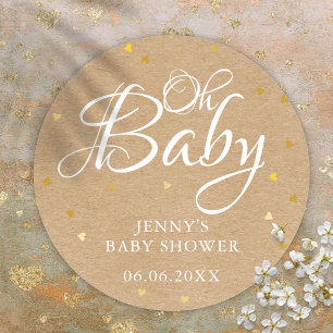 Oh Baby Gold Love Hearts Rustic Kraft Baby Shower Classic Round Sticker