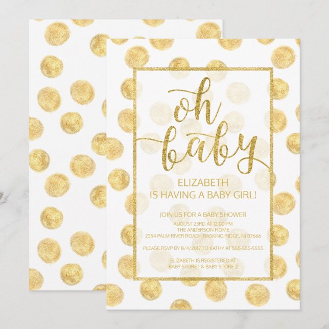 Oh Baby! Gold Polka Dots Baby Shower Invitation (Front/Back)
