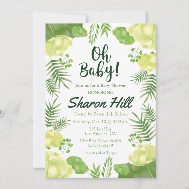 Oh Baby! Green Floral Tropical Baby Shower Invite (Front)
